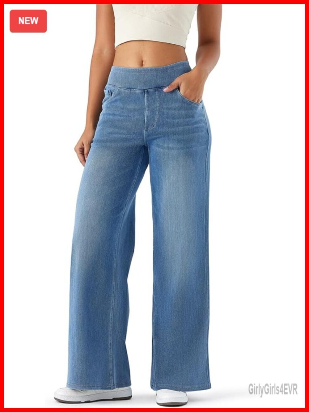 Wide Leg Jeggings, High Rise Pull On, Stretch Denim, 5 Pockets